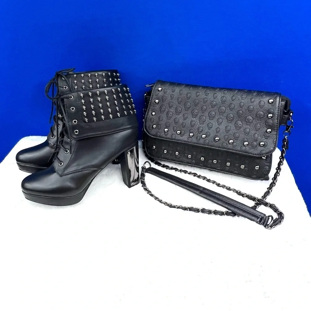 NWT |•HOT TOPIC•| Metal Heel Silver Studs Lace Up Rockstar Ankle Boots Size 9 - Picture 12 of 13